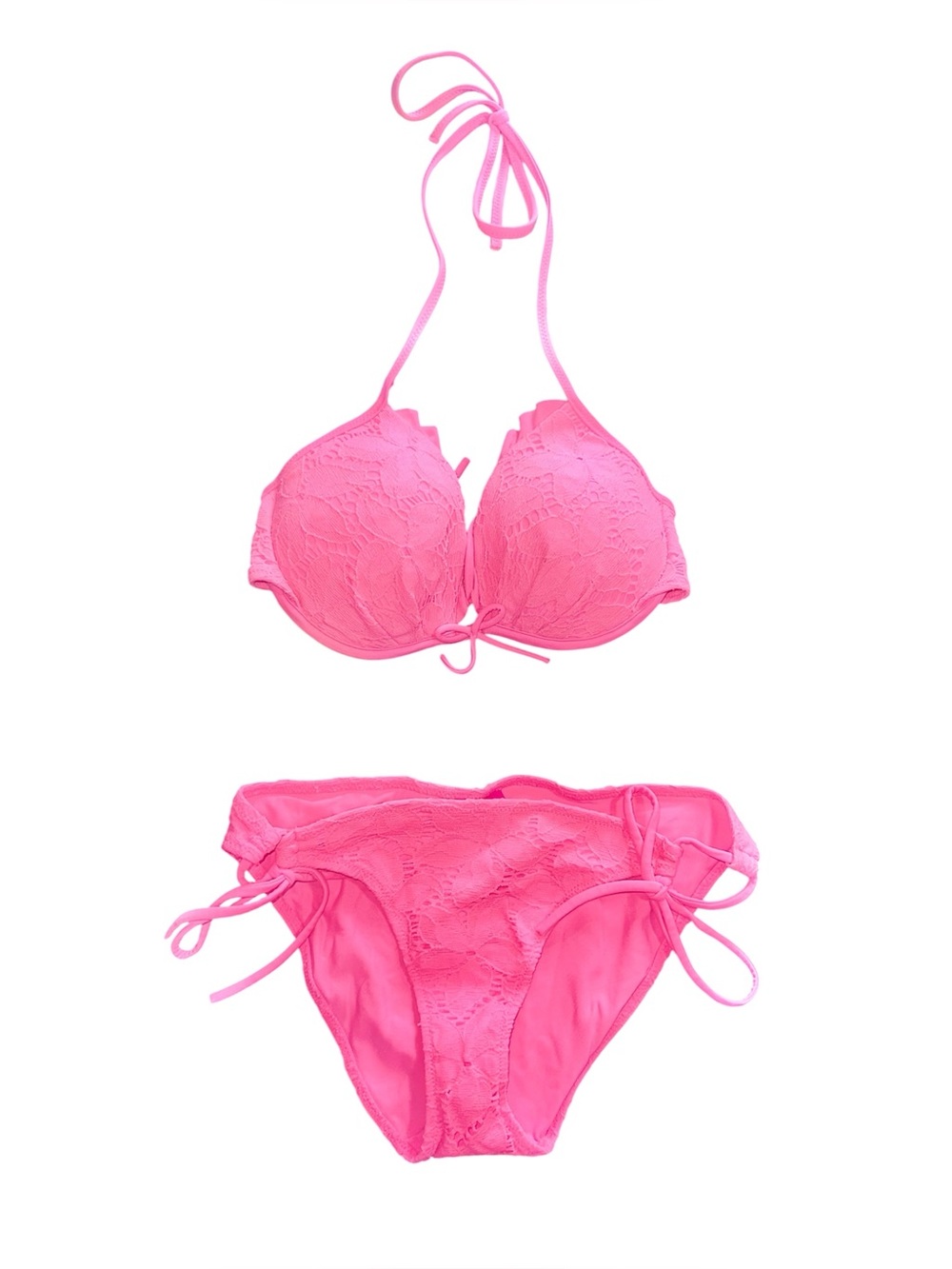 Victoria’s Secret Hot Pink Crochet Lace Push Up Halter Bikini Set!